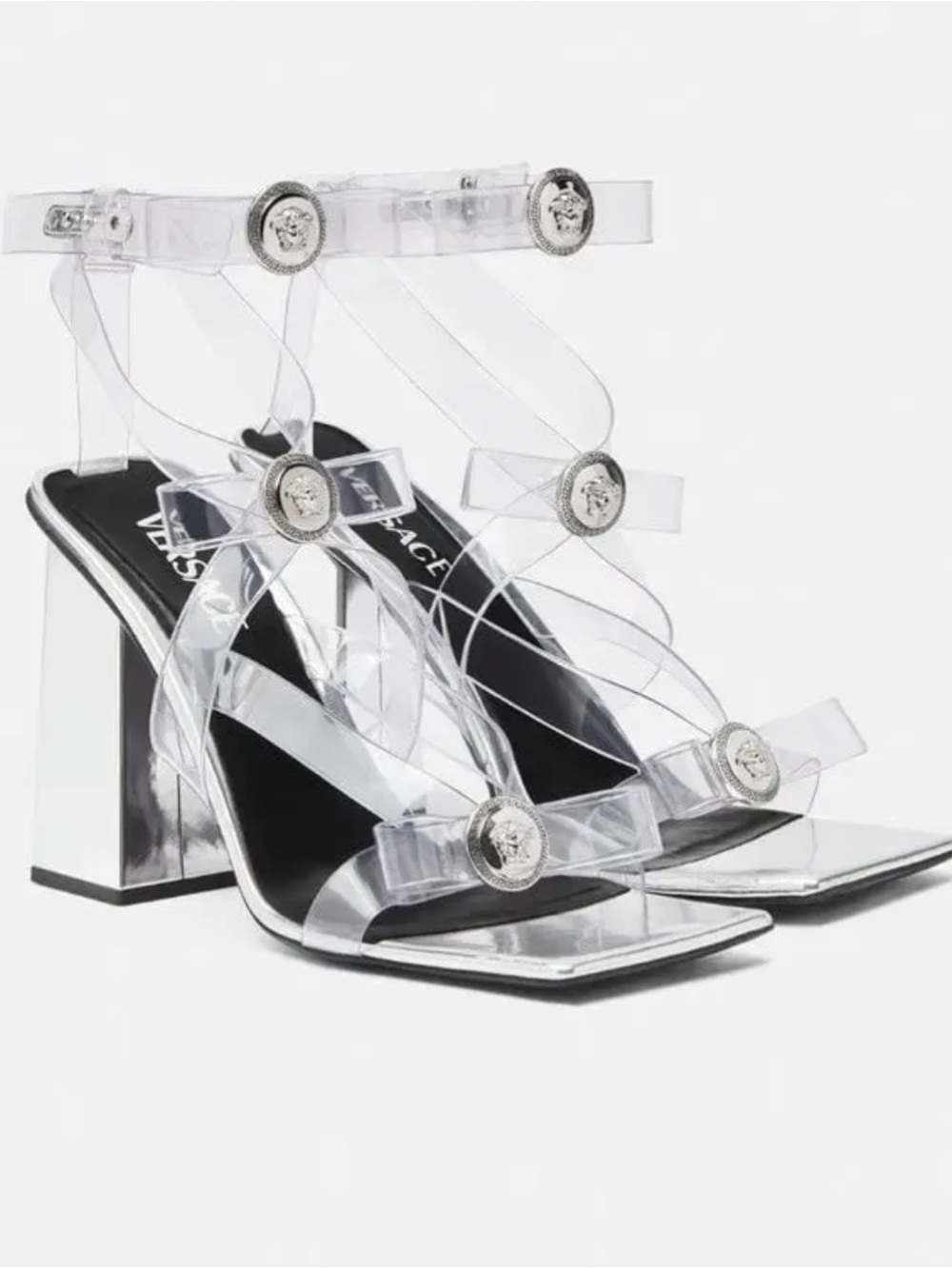 Versace Clear PVC Bow heel sandal ankle strap with Silver Medallion